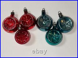 Vtg Premier Ornament Glass Double Embossed Star Red Aqua Indent Christmas x 6