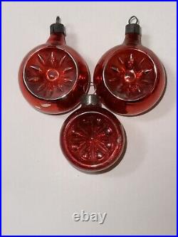 Vtg Premier Ornament Glass Double Embossed Star Red Aqua Indent Christmas x 6