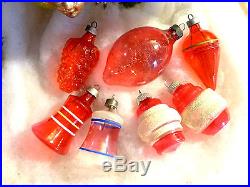 Vtg Red Unsilvered Glass WW2 Xmas Tree Ornaments Mica Bell Lantern Shiny Brite