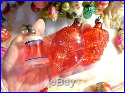 Vtg Red Unsilvered Glass WW2 Xmas Tree Ornaments Mica Bell Lantern Shiny Brite
