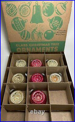 Vtg SHINY BRITE Ornaments Bumpy Double Indent Flower Set Of 8 With Box