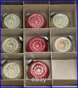 Vtg SHINY BRITE Ornaments Bumpy Double Indent Flower Set Of 8 With Box