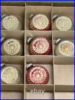 Vtg SHINY BRITE Ornaments Bumpy Double Indent Flower Set Of 8 With Box