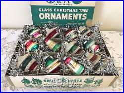 Vtg Shiny Brite Christmas Ornaments Glass Bell UFO stripes Stencil Box lot