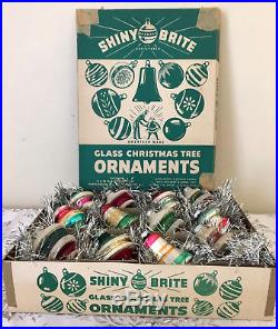 Vtg Shiny Brite Christmas Ornaments Glass Bell UFO stripes Stencil Box lot