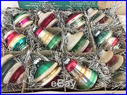 Vtg Shiny Brite Christmas Ornaments Glass Bell UFO stripes Stencil Box lot