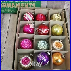 Vtg Shiny Brite Christmas Ornaments Indent Flocked Mercury Glass Mica Large Box