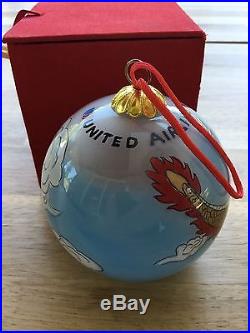Vtg United Airlines hand painted glass Christmas Ornament with box dragon sky
