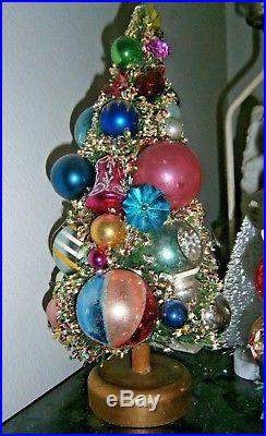 Vtg Xmas bottle brush tree Big 12 loaded mercury glass ornaments elegant