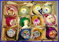 Vtg box of 12 Christmas Tree Ornaments, Handmade in Poland Mercury Mica Frost