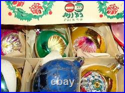 Vtg box of 12 Christmas Tree Ornaments, Handmade in Poland Mercury Mica Frost