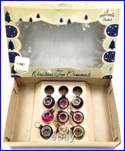 Wartime Christmas Ornament Shiny Brite Miniature Reflector Set Of 9 & Box 1940s